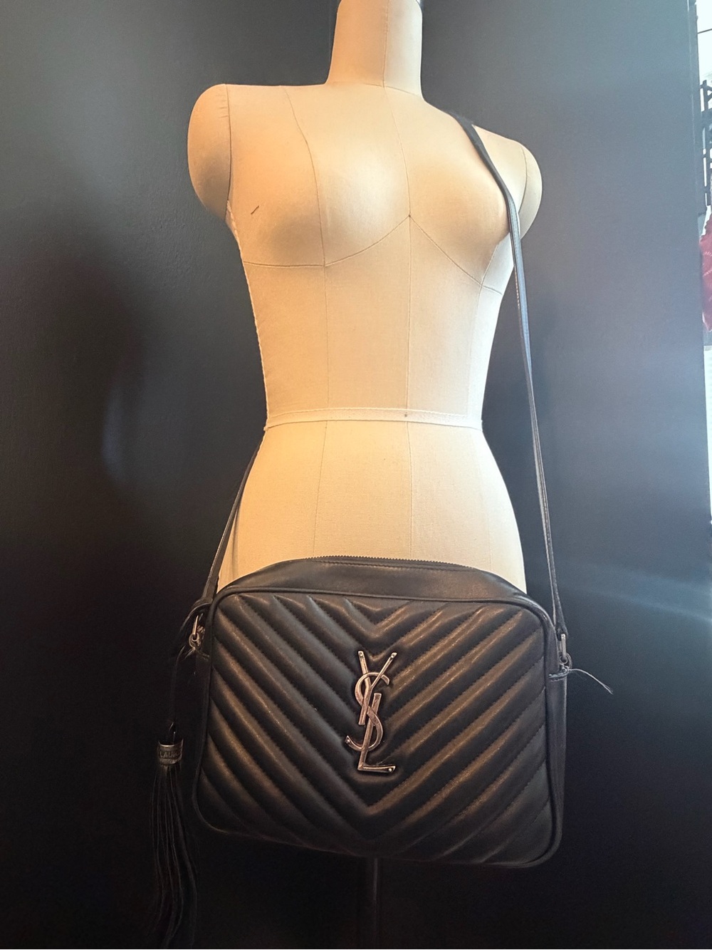 Saint Laurent Black Chevron Quilted Leather Crossbody with Tassel